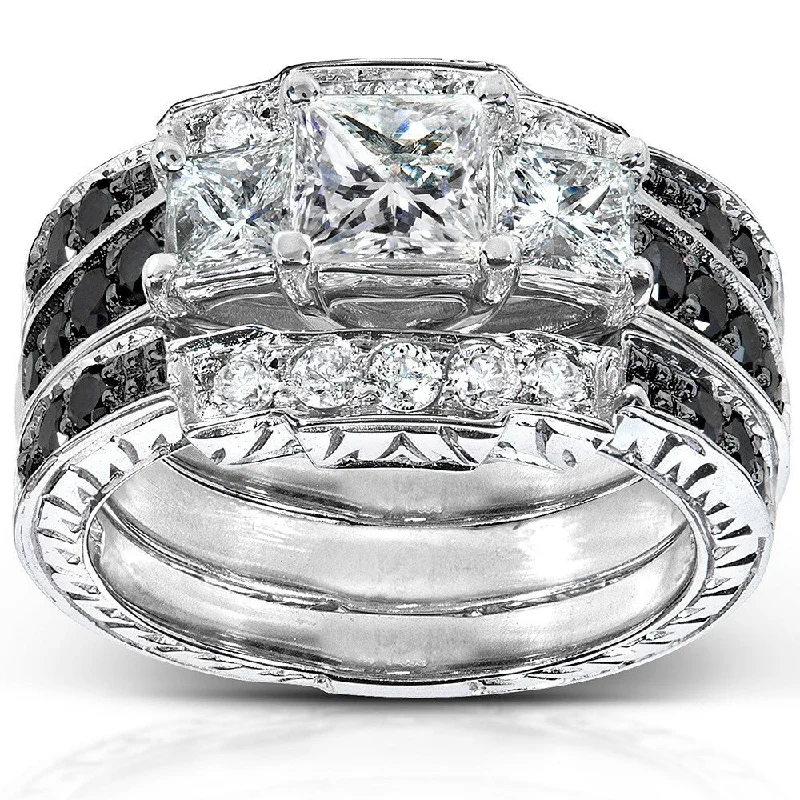 Cushion - Cut Halo Engagement Rings with a Platinum Band and Micro - Pave DetailsAnnello by Kobelli 14k White Gold 1 7/8ct TDW Black and White Diamond 3-piece Bridal Rings Set