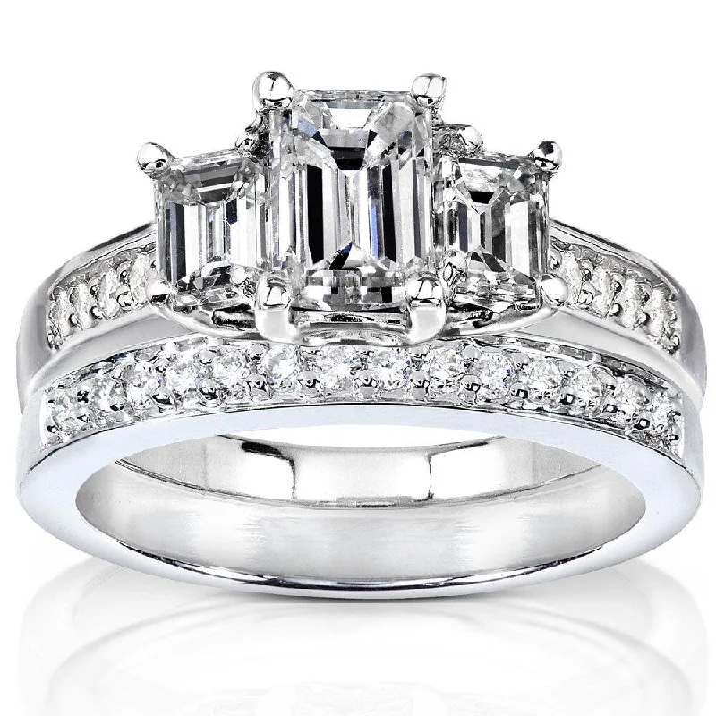 Engagement Rings with Sapphire and Diamond Combinations in a Vintage StyleAnnello by Kobelli 14k White Gold 1 7/8ct TDW Emerald Cut Natural Diamond 3-Stone Bridal Set