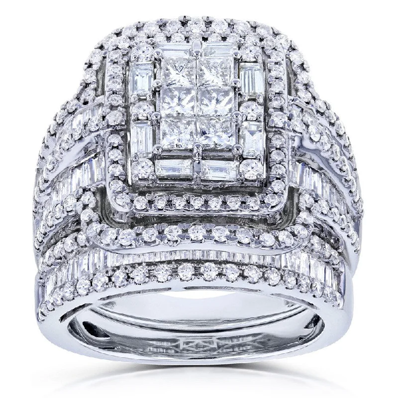 Cushion - Cut Halo Engagement Rings with a Platinum Band and Micro - Pave DetailsAnnello by Kobelli 14k White Gold 2 1/2ct TDW Diamond Composite Rectangular Frame Bridal Rings Set