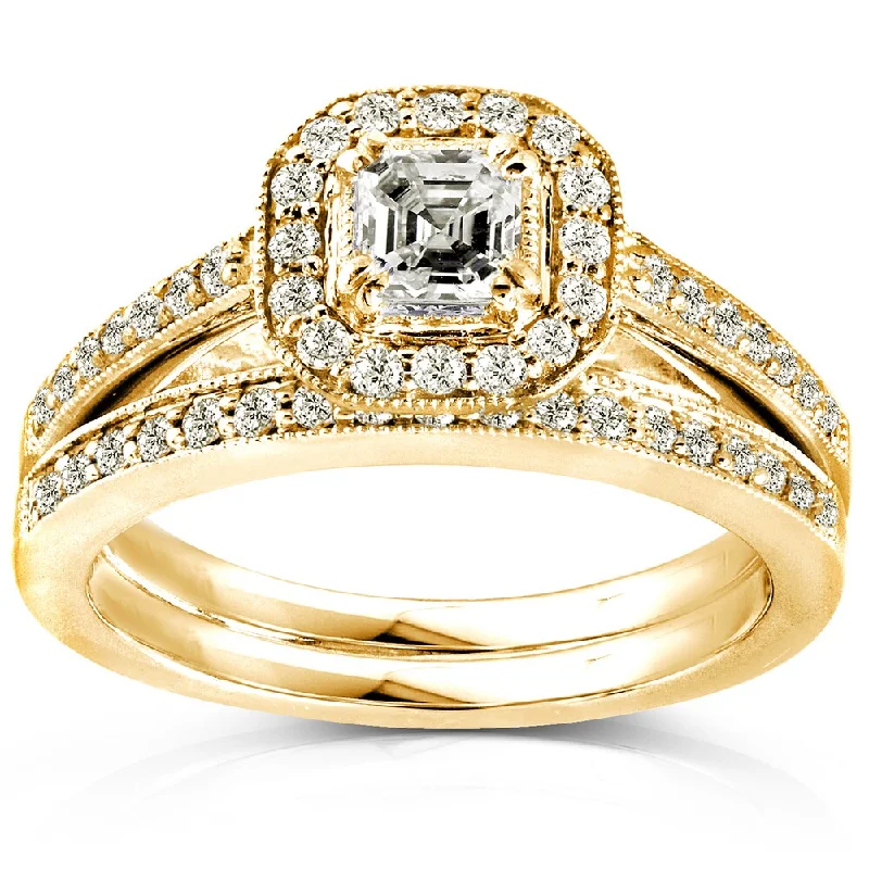 Cluster Engagement Rings with Multiple Small Diamonds Arranged in a Stunning DesignAnnello by Kobelli 14k Yellow Gold 5/8ct TDW Asscher Diamond Halo Bridal Set