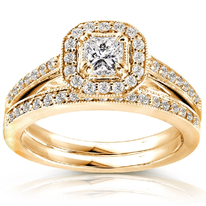 Pear - Shaped Engagement Rings in Yellow Gold with a Diamond - Encrusted BandAnnello by Kobelli 14k Yellow Gold 5/8ct TDW Princess Diamond Halo Bridal Set