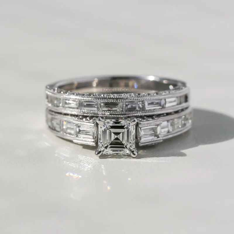 Cathedral - Style Engagement Rings with a Raised Center Stone and Intricate MetalworkAnnello by Kobelli Kyla 18k White Gold 2.03ct TDW Asscher Diamond Geometric Art Deco Style Bridal Set (GH/VS)