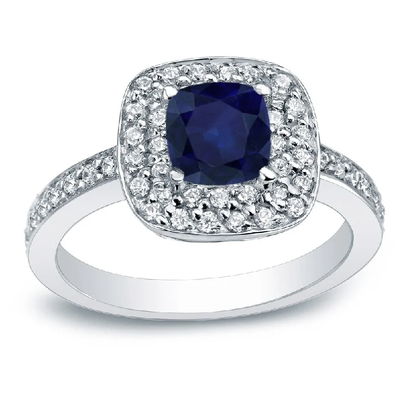 Cathedral - Style Engagement Rings with a Raised Center Stone and Intricate MetalworkAuriya Platinum 3/4ct Cushion Blue Sapphire and 3/4ctw Halo Diamond Engagement Ring