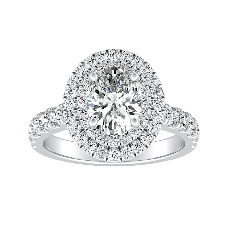 Cathedral - Style Engagement Rings with a Raised Center Stone and Intricate MetalworkClassic Oval Shape 1ctw Double Halo Diamond Engagement Ring 18k Gold by Auriya