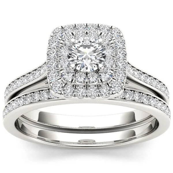 Pear - Shaped Engagement Rings in Yellow Gold with a Diamond - Encrusted BandDe Couer 10k White Gold 3/4ct TDW Diamond Double Halo Bridal Set