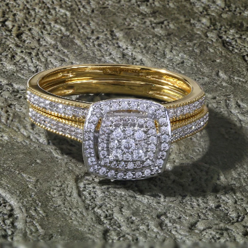 Adjustable Engagement Rings with a Flexible Band and a Princess - Cut Center DiamondDe Couer 10k Yellow Gold 1/3ct TDW Diamond Cluster Halo Bridal Set