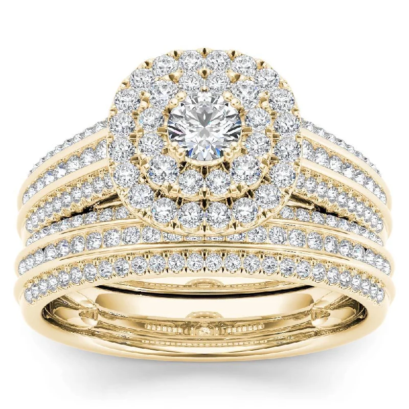 Adjustable Engagement Rings with a Flexible Band and a Princess - Cut Center DiamondDe Couer 10k Yellow Gold 1ct TDW Double Halo Diamond Bridal Set