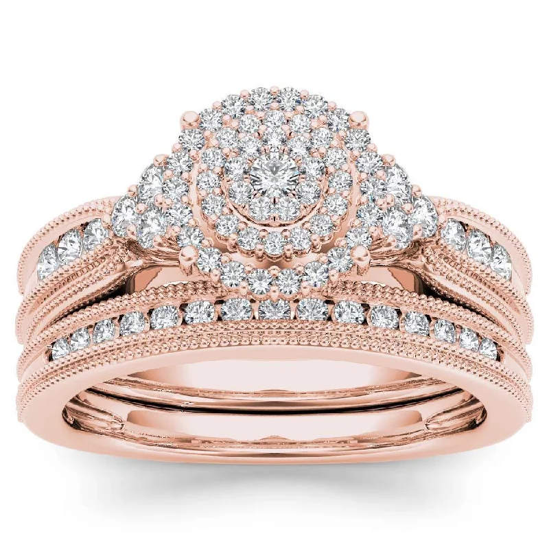 Vintage - Inspired Engagement Rings with Filigree Work and Emerald - Cut Center StoneDe Couer 14k Rose Gold 1/2ct TDW Diamond Cluster Halo Bridal Set