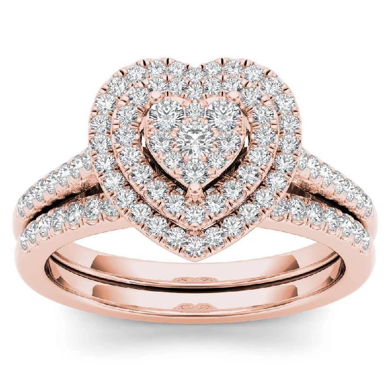 Cathedral - Style Engagement Rings with a Raised Center Stone and Intricate MetalworkDe Couer 14k Rose Gold 1/2ct TDW Diamond Cluster Heart-Shaped Frame Bridal Set