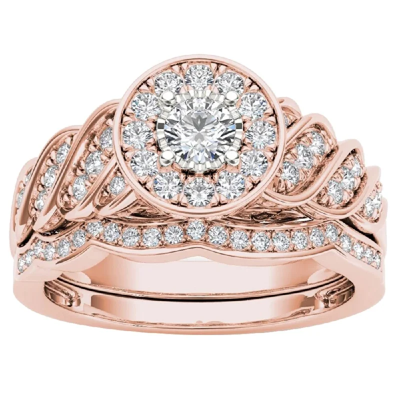 Solitaire Engagement Rings with a High - Clarity Round Diamond and Tapered BandDe Couer 14k Rose Gold 1/2ct TDW Halo Bridal Set