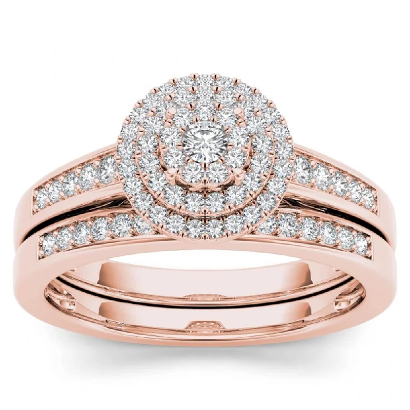 Pear - Shaped Engagement Rings in Yellow Gold with a Diamond - Encrusted BandDe Couer 14k Rose Gold 1/3ct TDW Diamond Cluster Halo Bridal Set