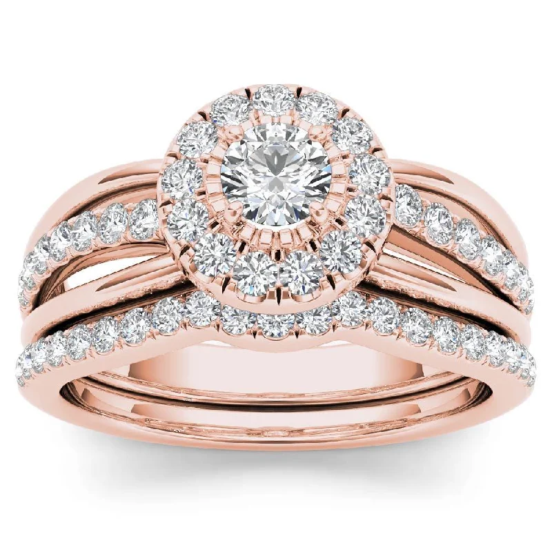 Classic Round Cut Engagement Rings with Platinum Prongs and Halo Setting for Timeless EleganceDe Couer 14k Rose Gold 3/4ct TDW Diamond Halo Bridal Set