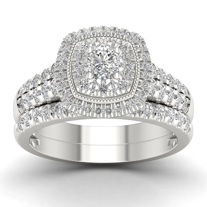 Cushion - Cut Halo Engagement Rings with a Platinum Band and Micro - Pave DetailsDe Couer 14k White Gold 1ct TDW Diamond Cluster Halo Bridal Set