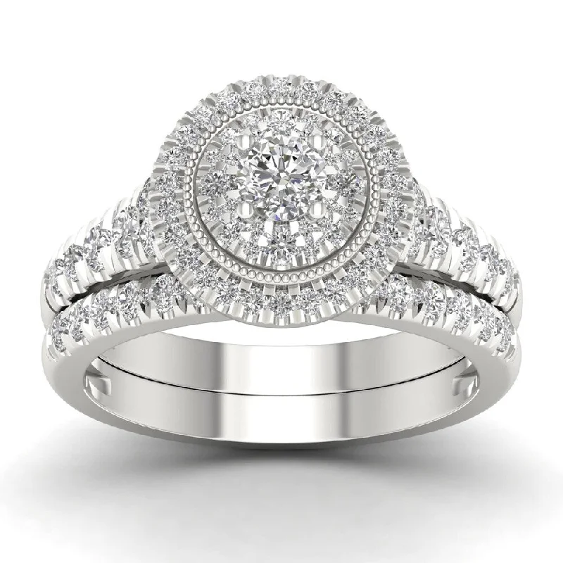 Pear - Shaped Engagement Rings in Yellow Gold with a Diamond - Encrusted BandDe Couer 14k White Gold 1ct TDW Diamond Halo Bridal Set