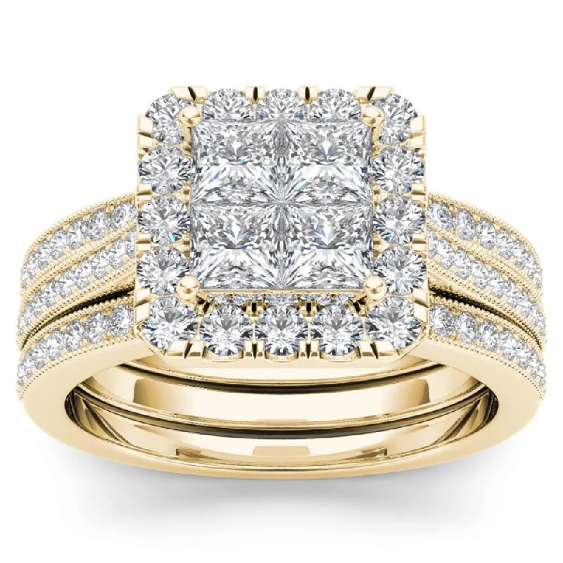 Cluster Engagement Rings with Multiple Small Diamonds Arranged in a Stunning DesignDe Couer 14k Yellow Gold 1 1/2ct TDW Diamond Halo Bridal Set