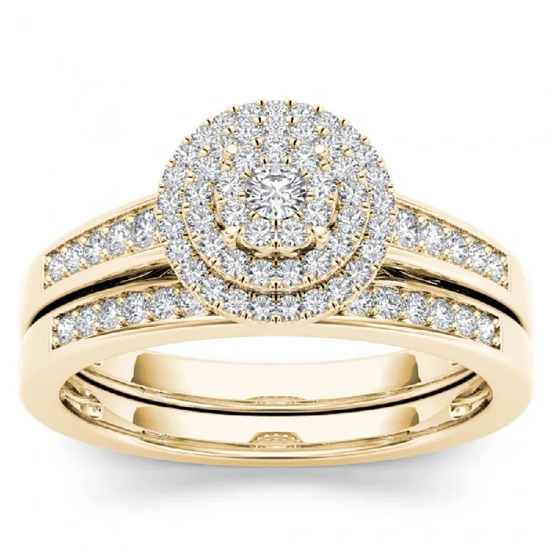 Cushion - Cut Halo Engagement Rings with a Platinum Band and Micro - Pave DetailsDe Couer 14k Yellow Gold 1/3ct TDW Diamond Cluster Halo Bridal Set