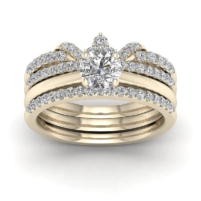 Classic Round Cut Engagement Rings with Platinum Prongs and Halo Setting for Timeless EleganceDe Couer 14k Yellow Gold 1ct TDW Diamond Crowned Bridal Set