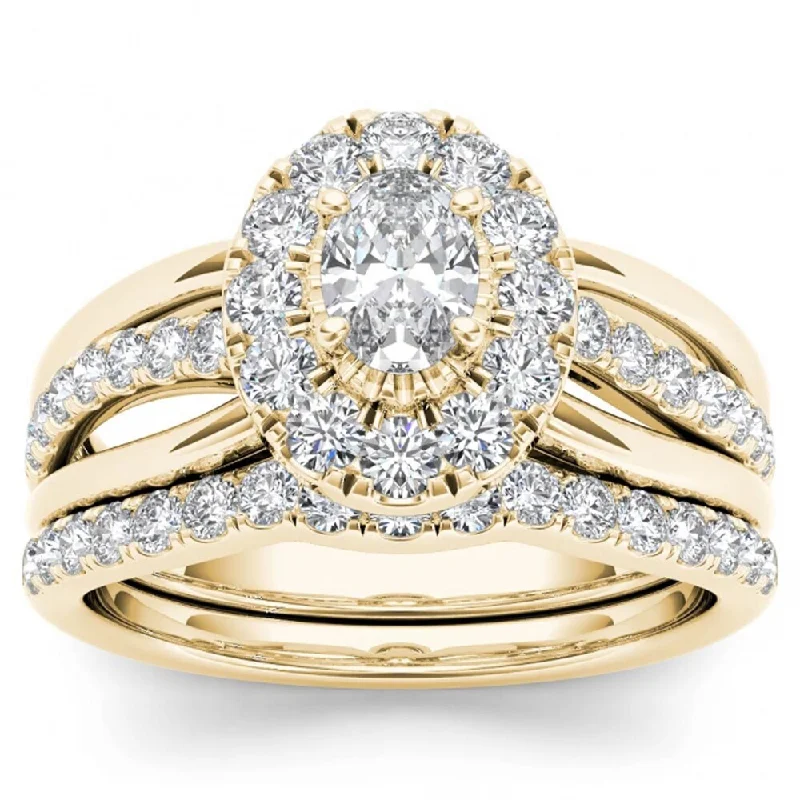 Cushion - Cut Halo Engagement Rings with a Platinum Band and Micro - Pave DetailsDe Couer 14k Yellow Gold 1ct TDW Oval Shape Diamond Halo Bridal Set