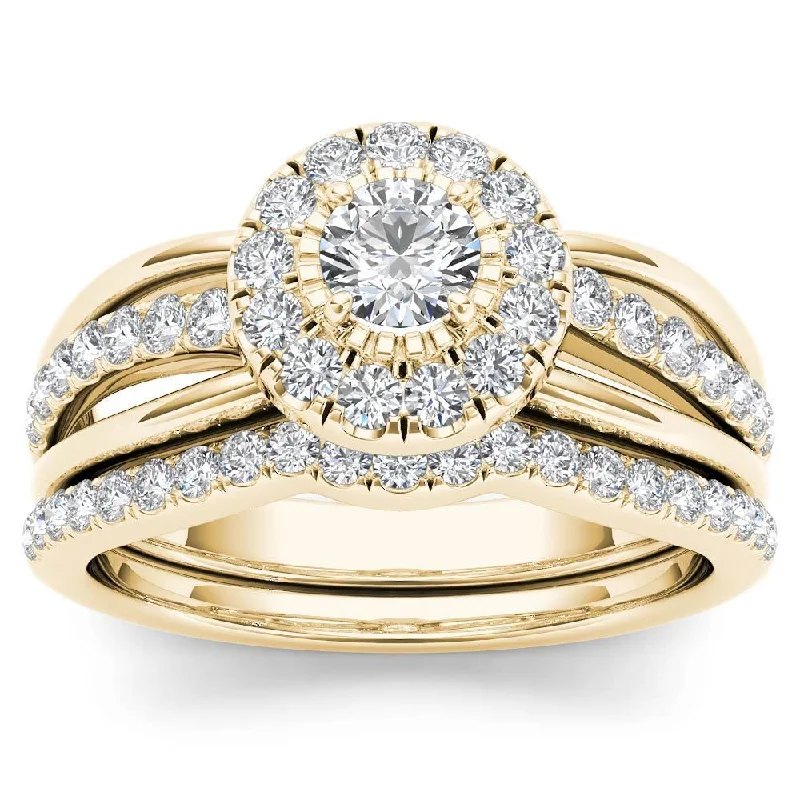 Marquise Cut Engagement Rings with a Channel - Set Diamond BandDe Couer 14k Yellow Gold 3/4ct TDW Diamond Halo Bridal Set