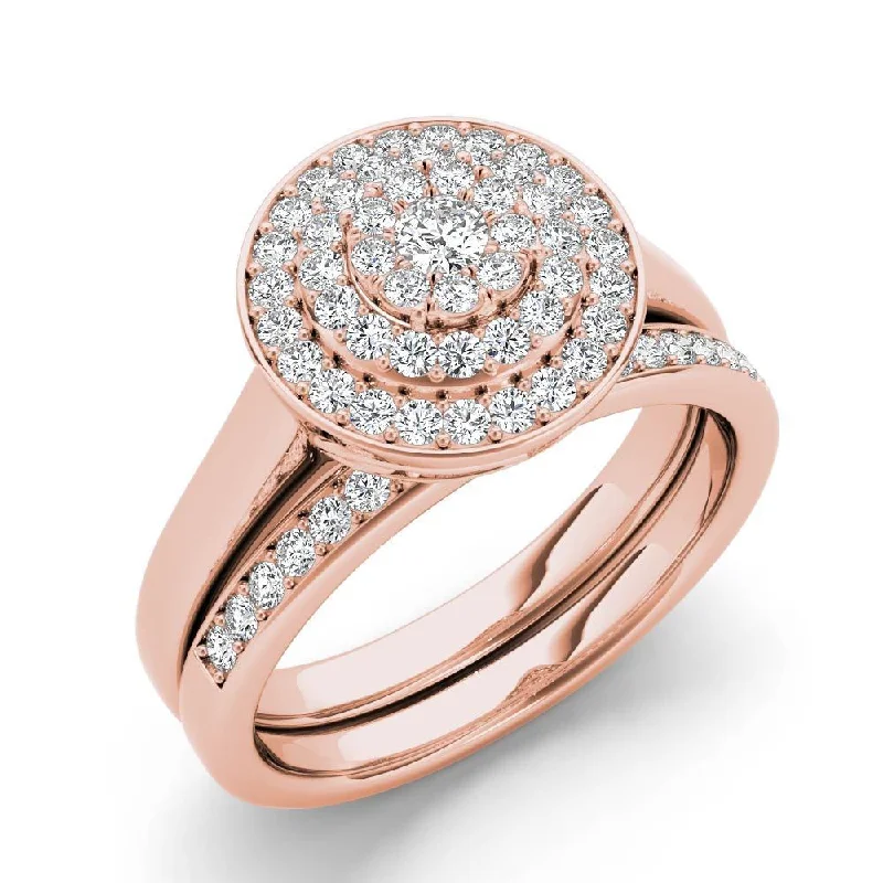 Cathedral - Style Engagement Rings with a Raised Center Stone and Intricate MetalworkDe Couer IGI Certified 10k Rose Gold 1/4ct TDW Cluster Halo Bridal Set - Pink