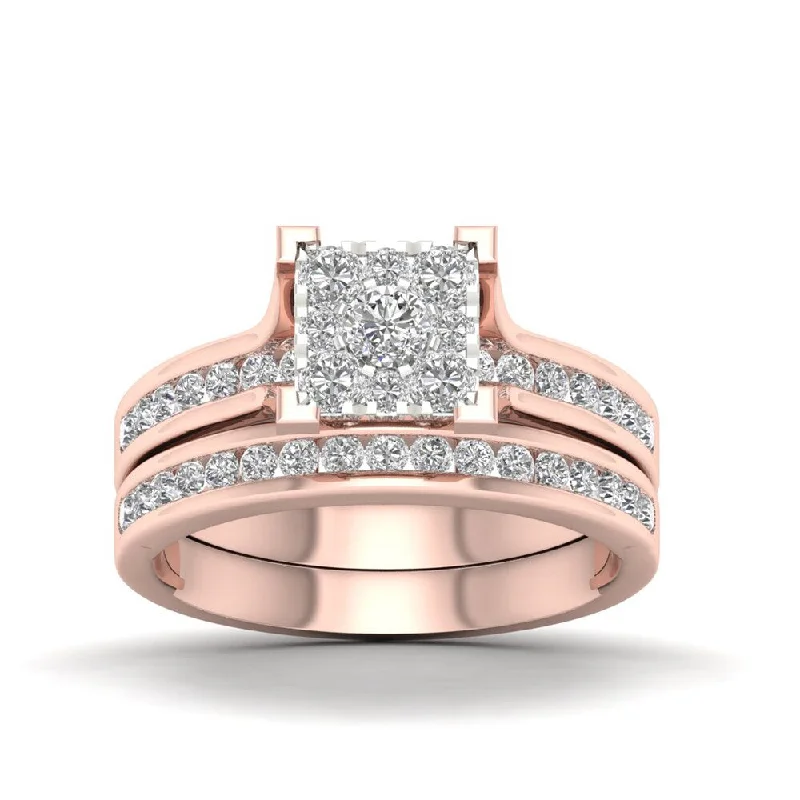 Vintage - Inspired Engagement Rings with Filigree Work and Emerald - Cut Center StoneDe Couer IGI Certified 10k Rose Gold 1ct TDW Diamond Cluster Bridal Set