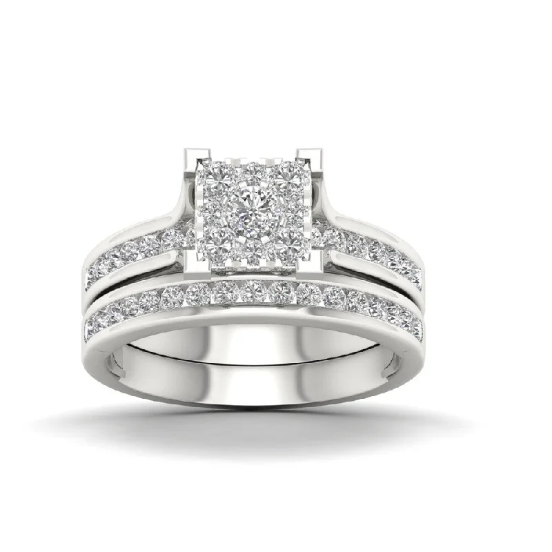 Adjustable Engagement Rings with a Flexible Band and a Princess - Cut Center DiamondDe Couer IGI Certified 10k White Gold 1ct TDW Diamond Cluster Bridal Set