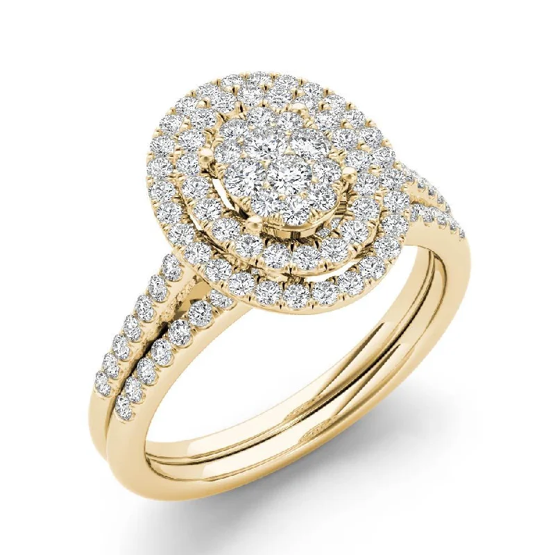 Pear - Shaped Engagement Rings in Yellow Gold with a Diamond - Encrusted BandDe Couer IGI Certified 10k Yellow Gold 1/2ct TDW Oval Shaped Cluster Halo Bridal Set