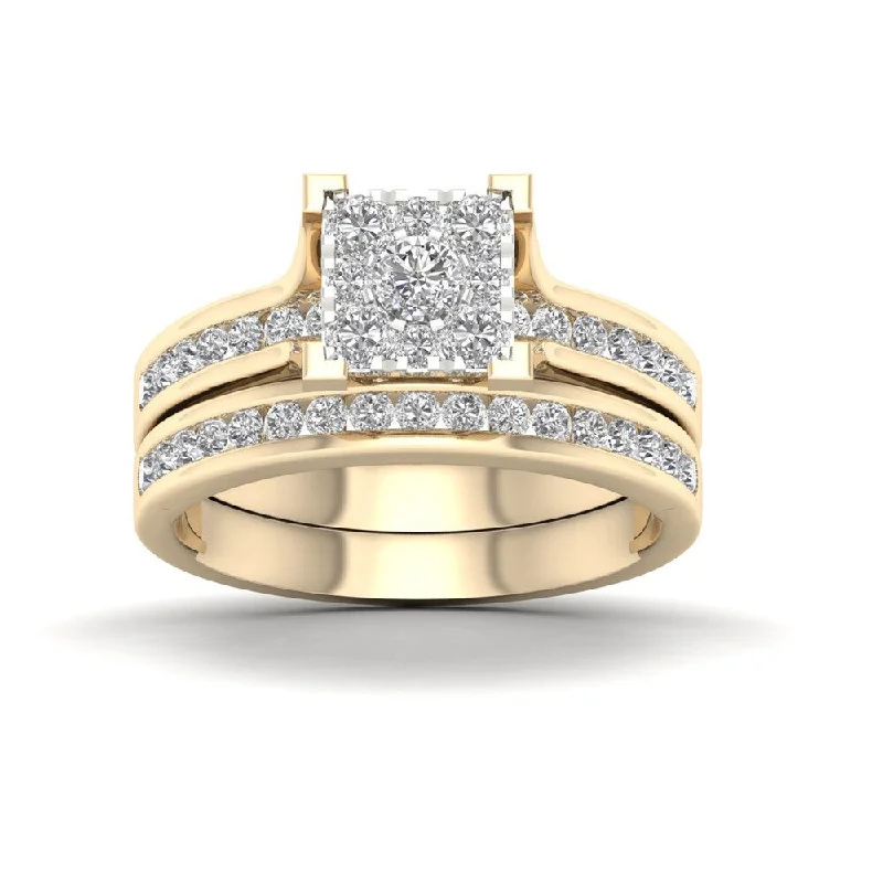 Princess Cut Engagement Rings in 18K White Gold with Micro - Pave Side StonesDe Couer IGI Certified 10k Yellow Gold 1ct TDW Diamond Cluster Bridal Set