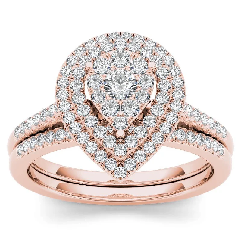 Marquise Cut Engagement Rings with a Channel - Set Diamond BandDe Couer IGI Certified 14k Rose Gold 1/2ct TDW Diamond Cluster Pear-Shaped Frame Bridal Set