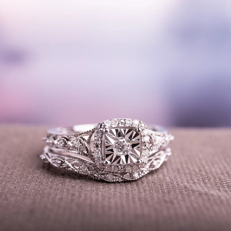 Cushion - Cut Halo Engagement Rings with a Platinum Band and Micro - Pave DetailsInfinity Halo 1/5ct TDW Diamond Bridal Set in Sterling Silver by Miadora