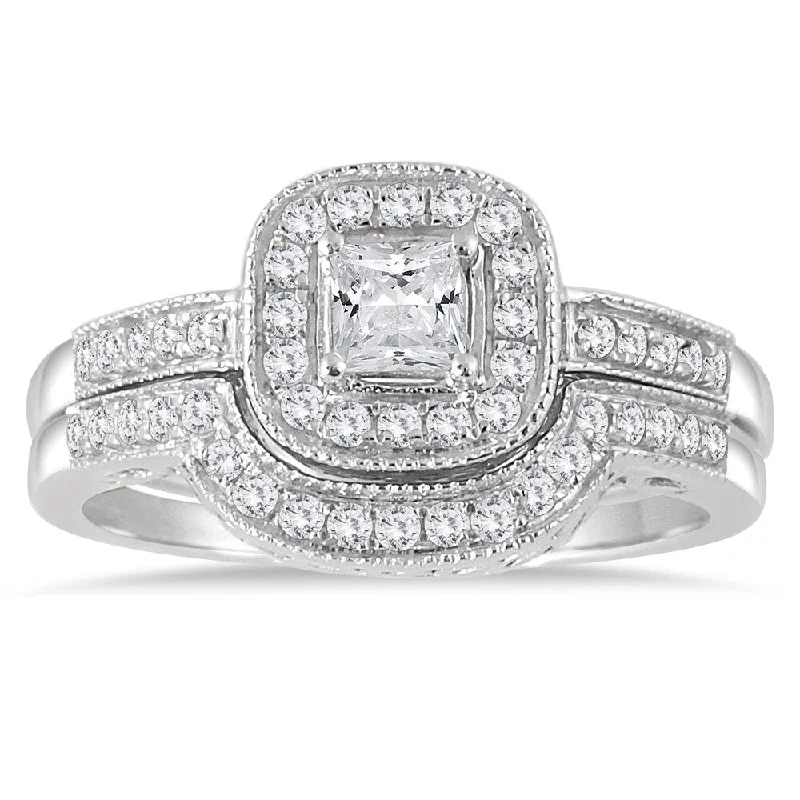 Marquise Cut Engagement Rings with a Channel - Set Diamond BandMarquee Jewels 10k White Gold 5/8ct TDW Diamond Halo Bridal Set