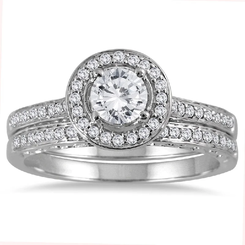 Three - Stone Engagement Rings Symbolizing Love's Past, Present, and Future with Asscher - Cut DiamondsMarquee Jewels 14k White Gold 7/8ct TDW Diamond Halo Bridal Set