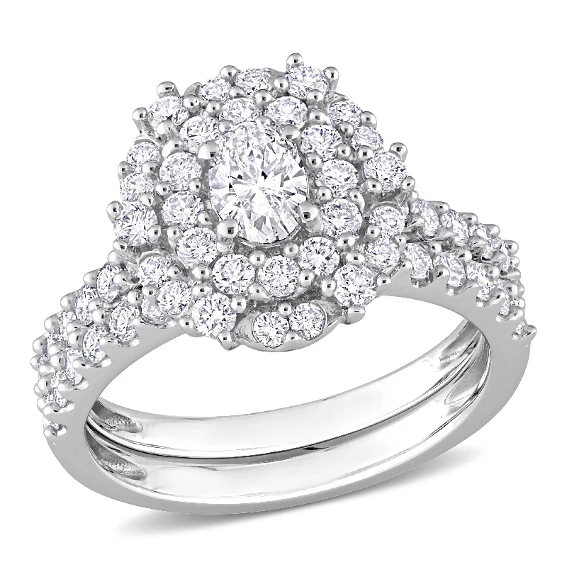 Adjustable Engagement Rings with a Flexible Band and a Princess - Cut Center DiamondMiadora 1 1/2ct TW Oval Diamond Double Halo Cluster Bridal Set in 14k White Gold