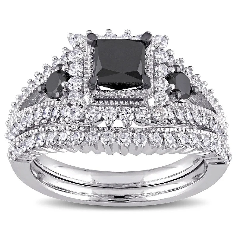 Cathedral - Style Engagement Rings with a Raised Center Stone and Intricate MetalworkMiadora 10k White Gold 2ct TDW Black and White Diamond 3-stone Bridal Set