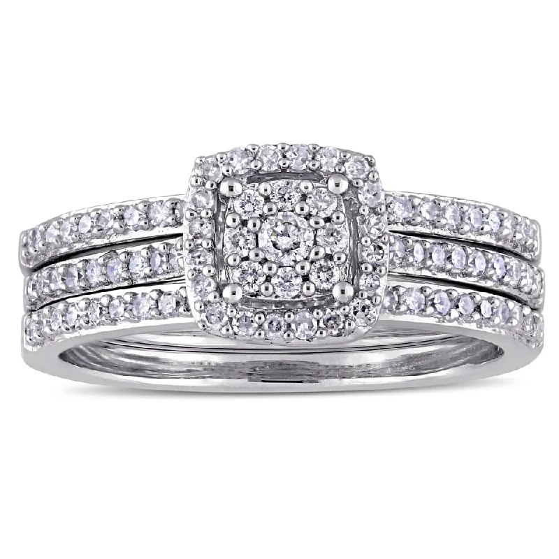 Cushion - Cut Halo Engagement Rings with a Platinum Band and Micro - Pave DetailsMiadora 14k White Gold 1/2ct TDW Diamond 3-Row Double Square Halo Bridal-Set