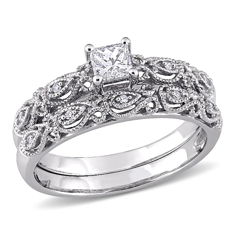 Adjustable Engagement Rings with a Flexible Band and a Princess - Cut Center DiamondMiadora Signature Collection 10k White Gold 1/3ct TDW Diamond Vintage Bridal Set