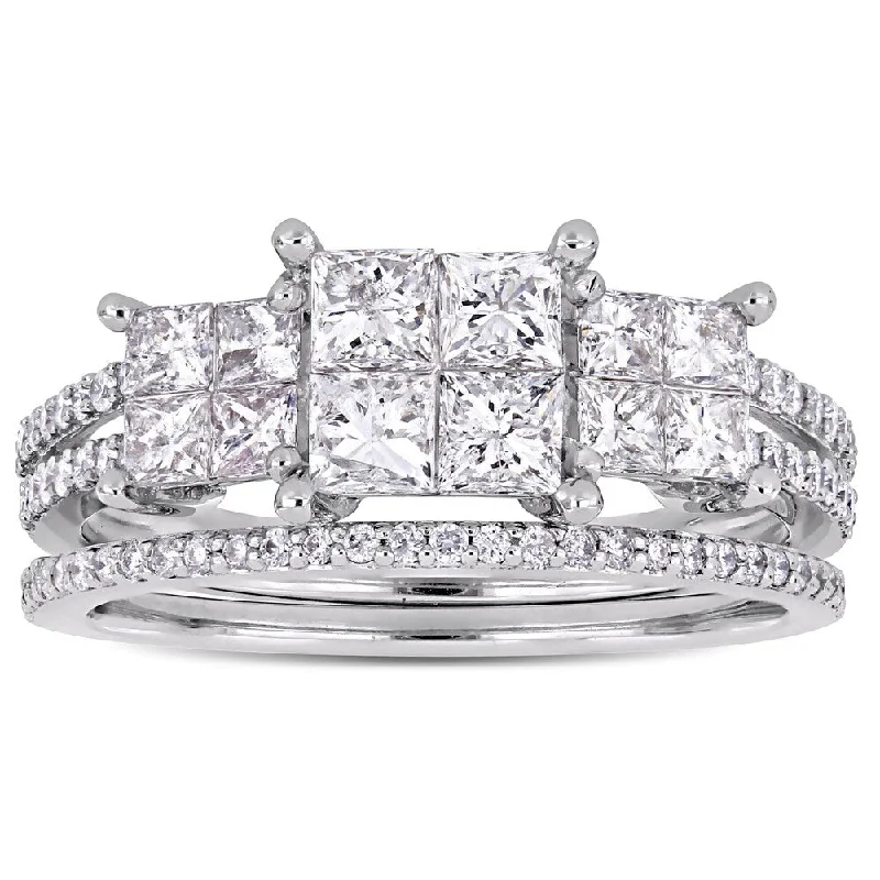 Engagement Rings with Sapphire and Diamond Combinations in a Vintage StyleMiadora Signature Collection 14k White Gold 1-1/3ct TDW Princess Diamond Triple Quad Bridal Set