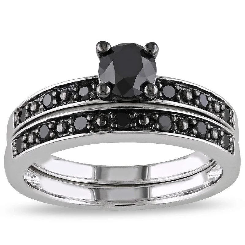 Vintage Cluster Engagement Rings with Antique - Cut Diamonds and Silver FiligreeMiadora Silver and Black Rhodium-plated 1 CT Black Diamond TW Bridal Set Ring