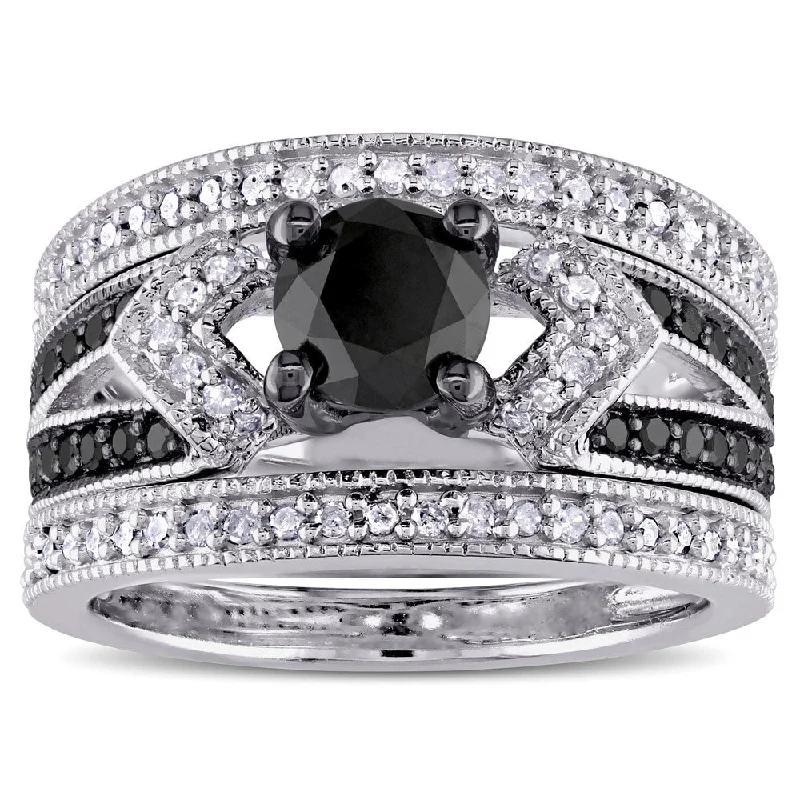 Vintage - Inspired Engagement Rings with Filigree Work and Emerald - Cut Center StoneMiadora Sterling Silver 1 1/4ct TDW Black and White Diamond Split Shank 3-Piece Bridal Set