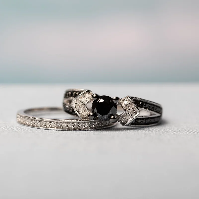 Pear - Shaped Engagement Rings in Yellow Gold with a Diamond - Encrusted BandMiadora Sterling Silver Black Rhodium 1 1/8ct TDW Black and White Diamond Split Shank Bridal Set