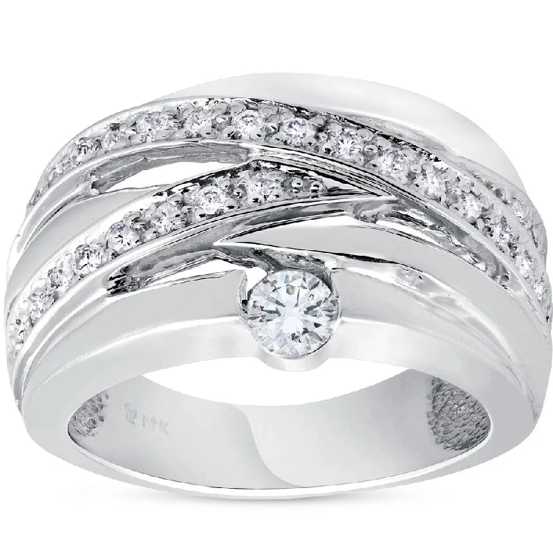 Vintage - Inspired Engagement Rings with Filigree Work and Emerald - Cut Center StonePompeii3 14K White Gold 3/4 ct TDW Multi Row Crossover Diamond Wide Ring