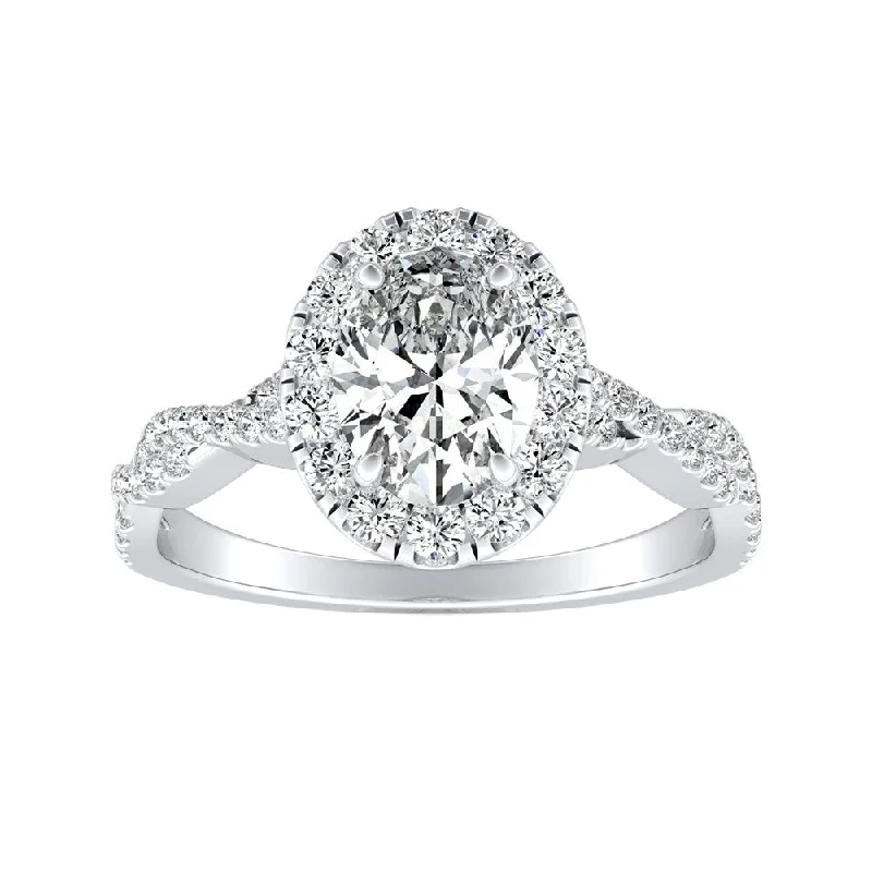 Cushion - Cut Halo Engagement Rings with a Platinum Band and Micro - Pave DetailsTwisted Oval-cut 7/8ctw 14k Gold Halo Diamond Engagement Ring by Auriya