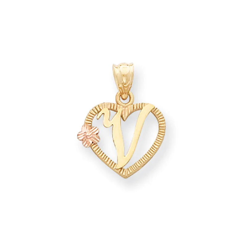 Double - Heart Pendant with Interlocking Design for Couples14k Two Tone Gold Grace Collection 15mm Heart Initial V Pendant