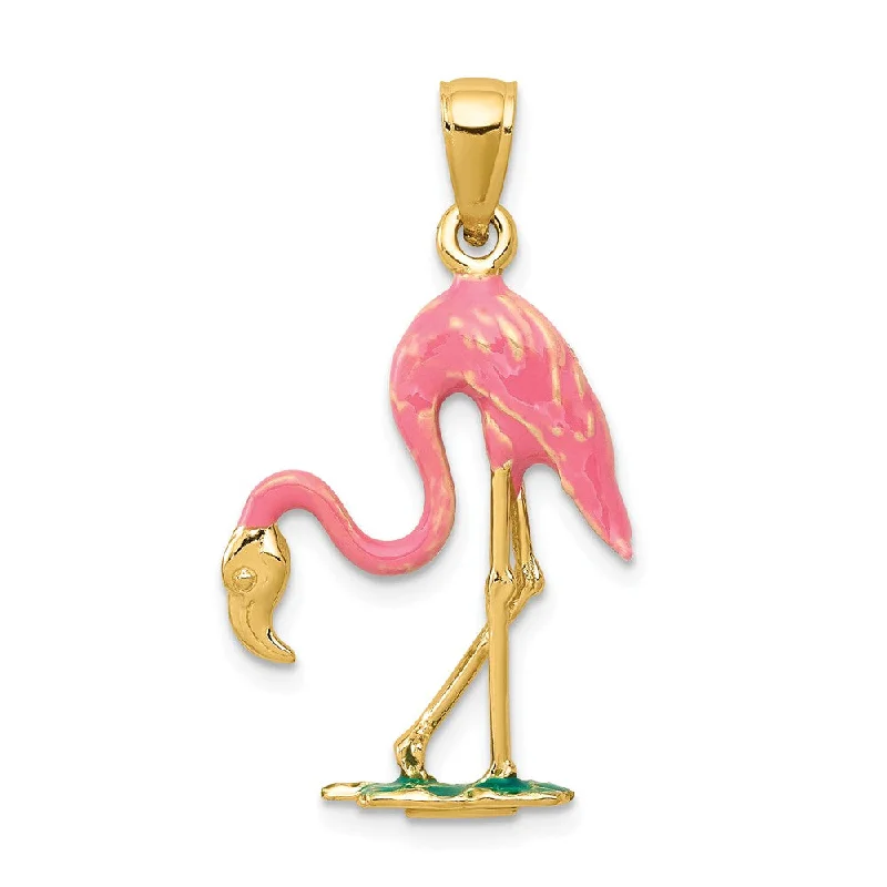 Handmade Leather - Wrapped Crystal Pendant for a Bohemian Aesthetic14k Yellow Gold and Enamel 3D Pink Flamingo Pendant