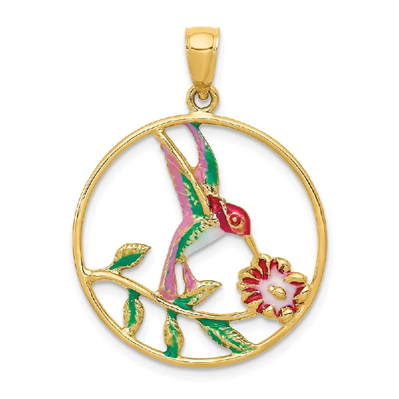 Double - Heart Pendant with Interlocking Design for Couples14k Yellow Gold & Enamel 24mm Round Hummingbird & Flower Pendant