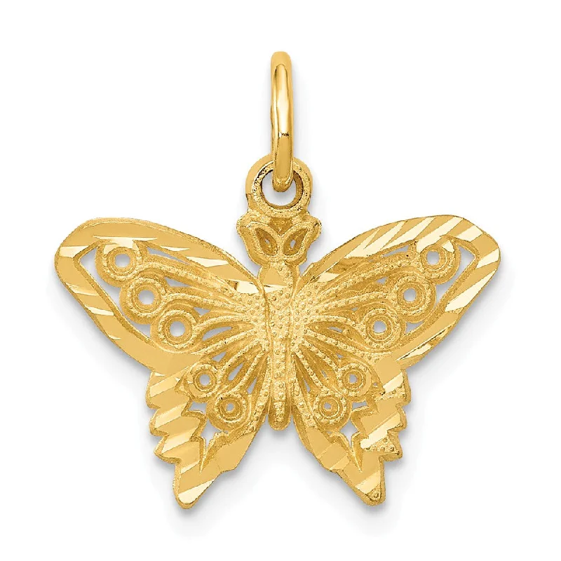 Laser - Cut Woodland Scene Pendant for Nature Enthusiasts14k Yellow Gold Satin and Diamond Cut Butterfly Charm, 17mm