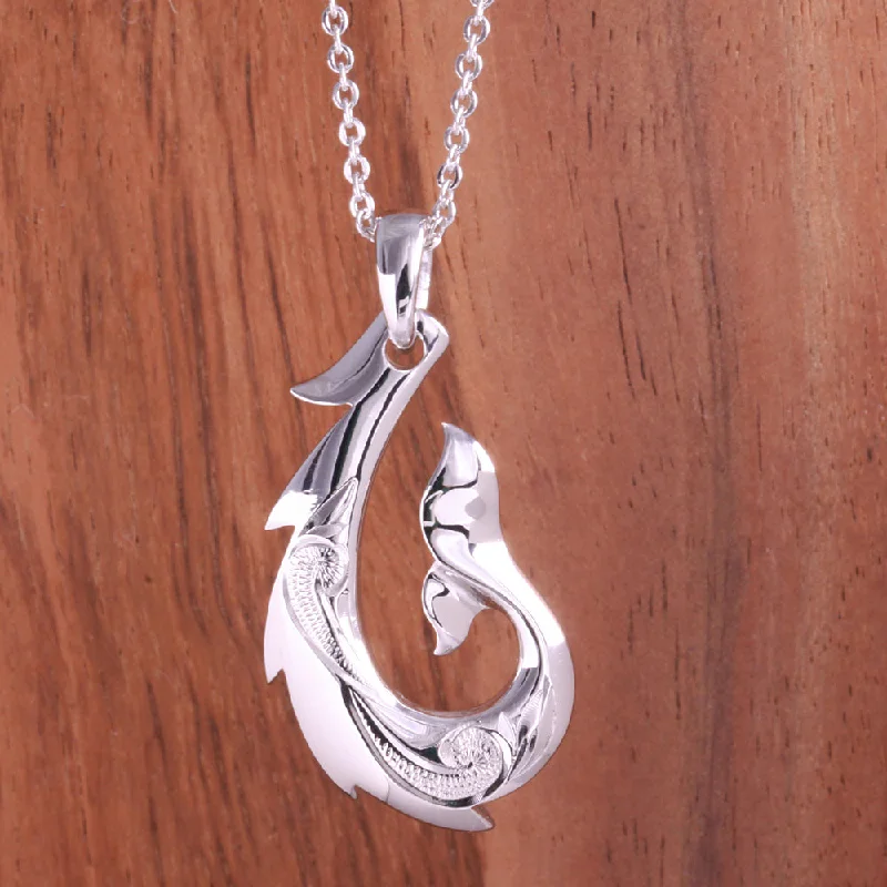 Long chain necklaces for layeringSterling Silver Hawaiian Scroll Whale Tail Fish Hook Pendant (Chain Sold Separately)