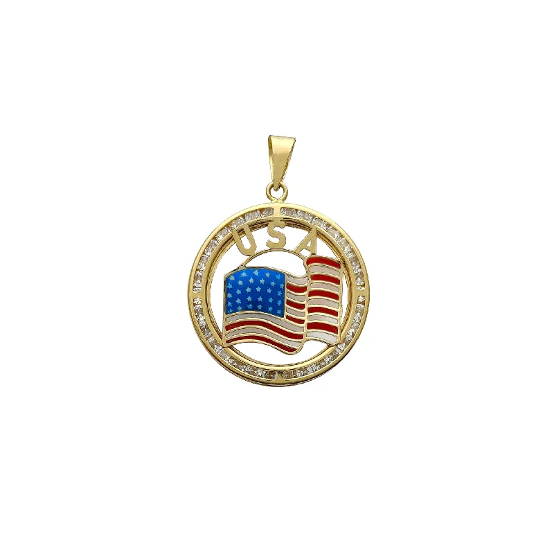 Adjustable - Chain Cubic Zirconia Solitaire Pendant for a Sparkling GiftChannel Setting U.S.A Flag Medallion Pendant (14K)