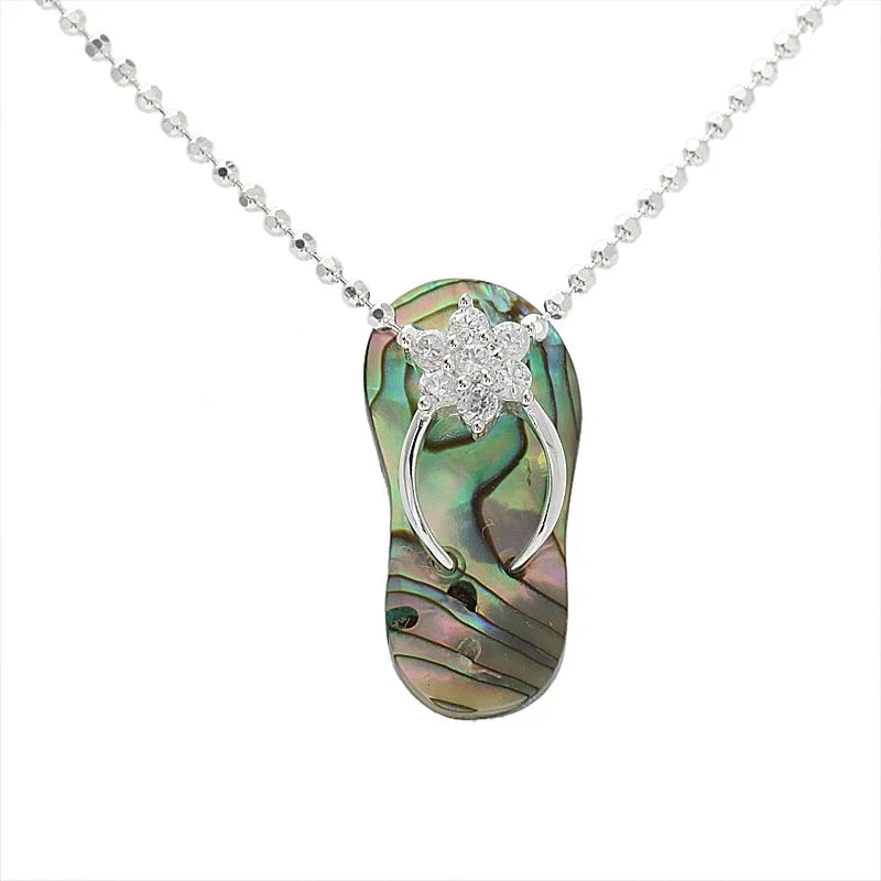 Long chain necklaces for layeringSterling Silver CZ Plumeria Abalone Shell Slipper Pendant (Chain Sold Separately)