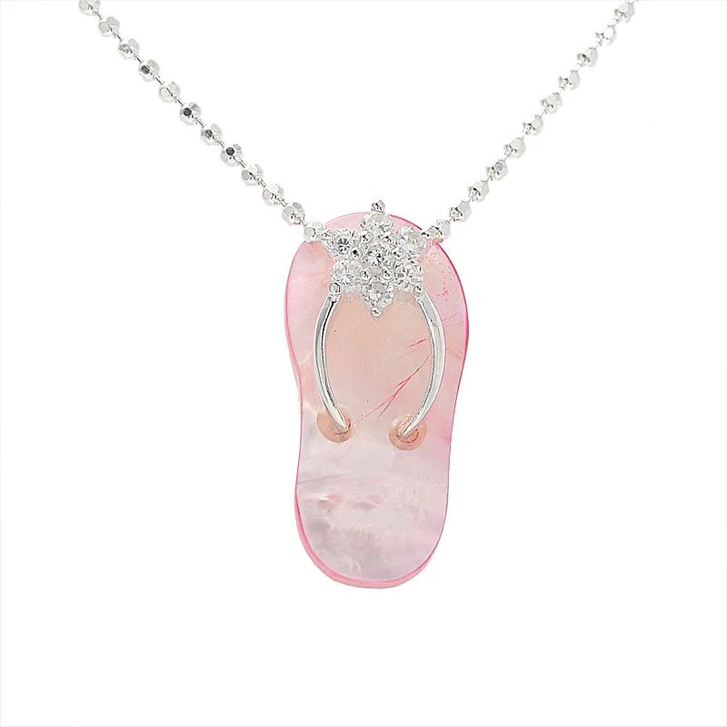 Adjustable length necklaces for versatilitySterling Silver CZ Plumeria Pink Shell Slipper Pendant (Chain Sold Separately)